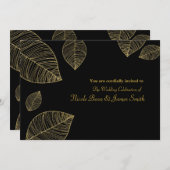 Feuilles d'or sur Black Elegant Wedding Invitation (Devant / Derrière)
