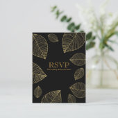 Feuilles d'or sur carte RSVP Black Elegant Wedding (Debout devant)