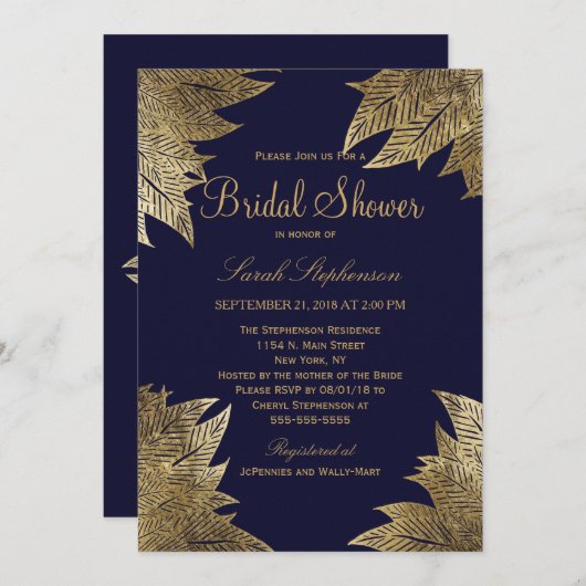 Feuilles d'or sur les Invitations de douche nuptia (Devant / Derrière)