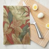 Feuilles D'Or Sur Serviette De Cuisine Rouge (Quart Plié)