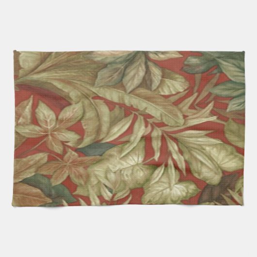 Feuilles D'Or Sur Serviette De Cuisine Rouge (Horizontal)