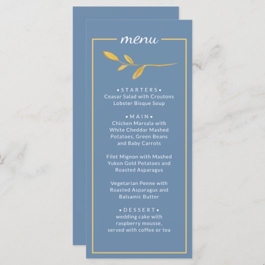 Feuilles élégants. Menu Mariage bleu classique sim (Devant / Derrière)