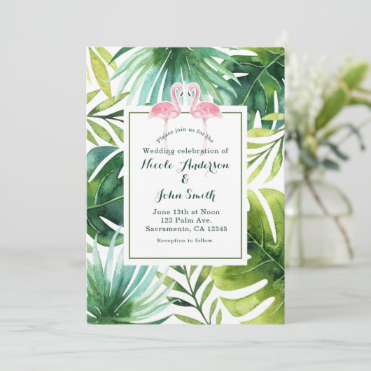Feuilles et Flamants roses tropicaux Invitations d (Debout devant)