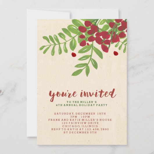 Feuilles et fleurs de la baie Invitation de Noël (Devant)