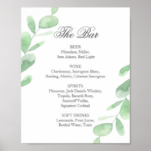 Feuilles eucalyptus. Poster du menu du bar mariage