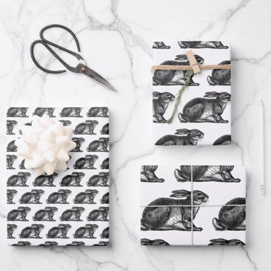 Feuilles papier à envelopper lapin noir et blanc (Recto)