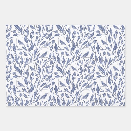 Feuilles papier d'emballage bleu et oiseaux (Devant)