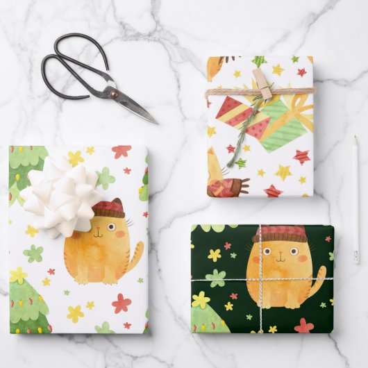 Feuilles papier d'enveloppement de Noël de chat (Recto)