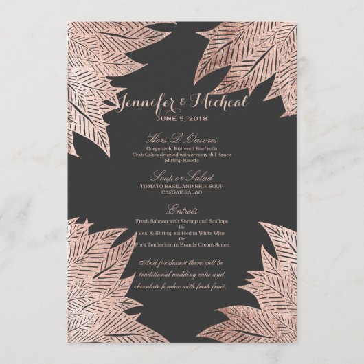 Feuilles rose Gold sur le menu Mariage noir (Devant)