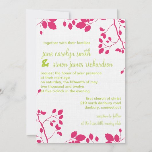 Feuilles roses -Belles invitations de mariage (Devant)