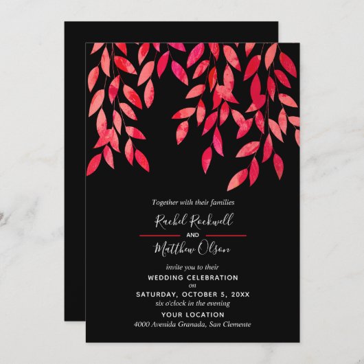 Feuilles roses chauds sur les invitations noires d (Devant / Derrière)