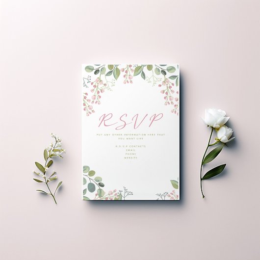 Feuilles roses et verts et fleurs carte "RSVP"
