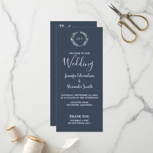 Feuilles rustiques sur le programme de mariage ble (Devant/Arrière en situation)
