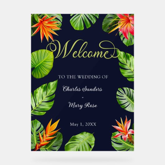 Feuilles tropicaux et fleurs Mariage de bienvenue  (Recto)