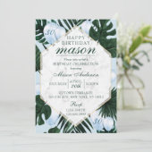 Feuilles tropicaux Marbre Bleu Invitation Annivers (Debout devant)