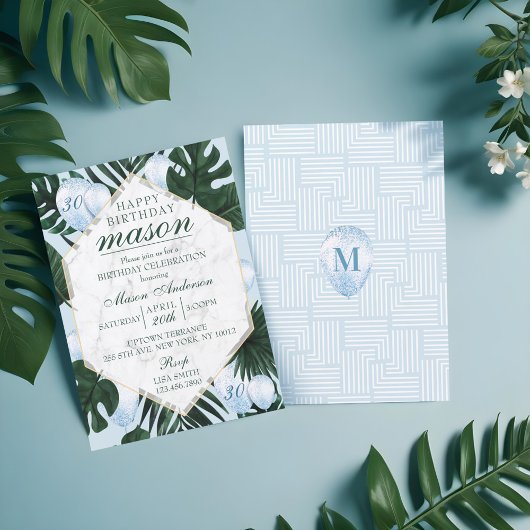 Feuilles tropicaux Marbre Bleu Invitation Annivers