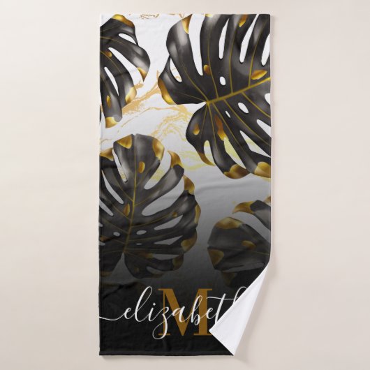 Feuilles tropicaux noirs et dorés (Serviette de bain)