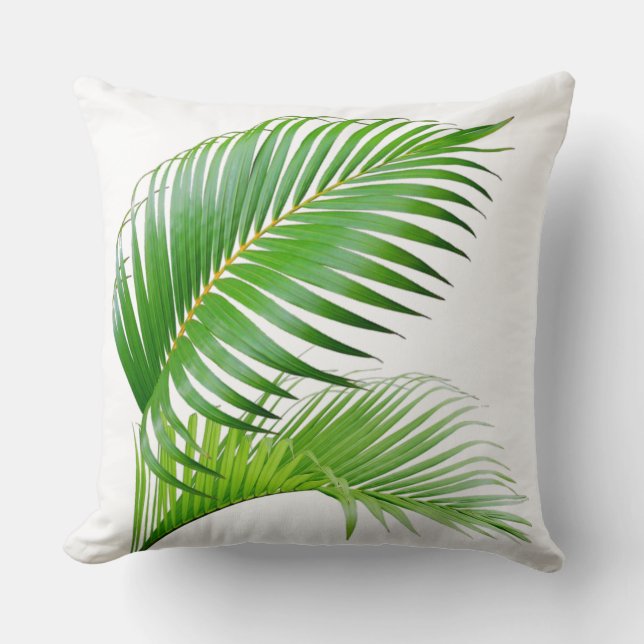 Feuilles tropicaux vert palmier sur oreiller blanc (Recto)