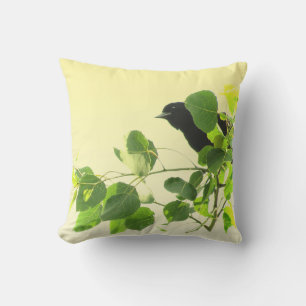 Feuilles verts d'oiseaux noirs sur Coussin extérie