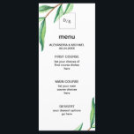 Feuilles verts minimalistes sur le menu Mariage bl<br><div class="desc">Ces invitations de mariage élégantes affichent la tendance minimaliste moderne avec un arrière - plan blanc propre et un design simple de feuilles d'aquarelle verte. Le dessus de la carte contient un cadre carré mince avec vos initiales. Personnalisez facilement avec tous vos choix de menu mariage.</div>