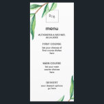 Feuilles verts minimalistes sur le menu Mariage bl<br><div class="desc">Ces invitations de mariage élégantes affichent la tendance minimaliste moderne avec un arrière - plan blanc propre et un design simple de feuilles d'aquarelle verte. Le dessus de la carte contient un cadre carré mince avec vos initiales. Personnalisez facilement avec tous vos choix de menu mariage.</div>