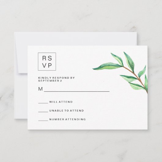 Feuilles verts minimalistes sur mariage blanc RSVP (Devant)