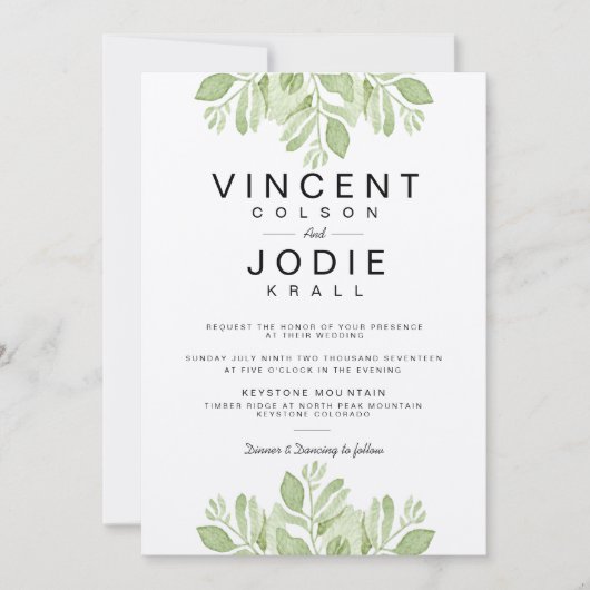 Feuilles verts rustiques | Invitation de mariage a (Devant)