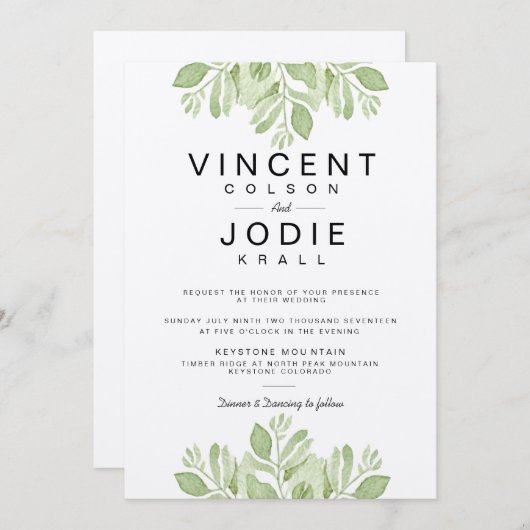 Feuilles verts rustiques | Invitation de mariage a (Devant / Derrière)