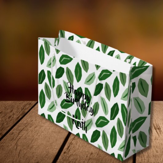 Feuilles verts sur Sac cadeau personnalisé blanc