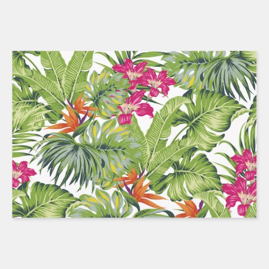 Feuilles verts tropicaux Fleurs rose orange (Devant)