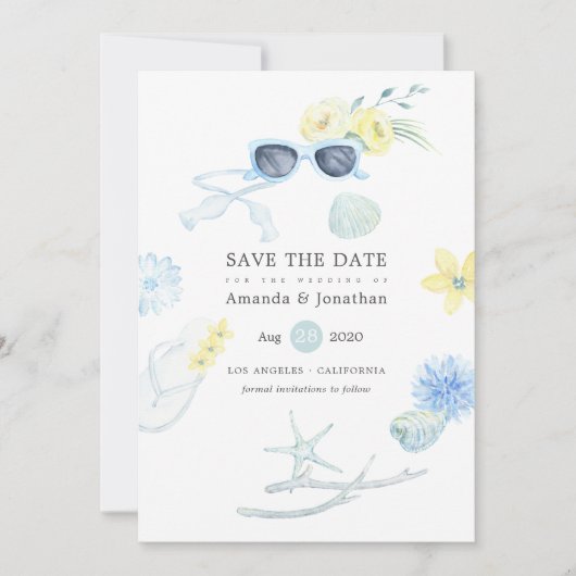 Feun Waterverf Summer Beach Wedding Save The Date (Voorkant)