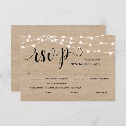 Feux à cordes rustiques mariage rsvp carte de répo (Devant / Derrière)
