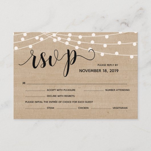 Feux à cordes rustiques mariage rsvp carte de répo (Devant)