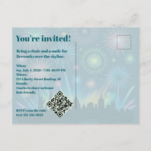 Feux d'artifice néon Invitation • Célébration 1776 (Dos)
