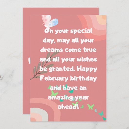 février carte d'anniversaire en rose avec papillon (Devant / Derrière)