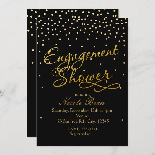 Fiançailles Douche Noir & Or Foil Dot Invitation (Devant / Derrière)