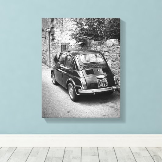 FIAT 500-auto in zwart-wit Canvas Afdruk (Insitu (Houten vloer))