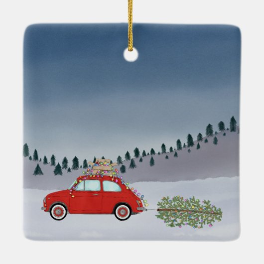 Fiat 500 auto met Kerstboom Aquarel Keramisch Ornament (Achterkant)