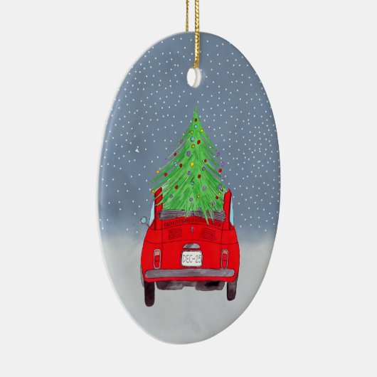 Fiat 500 auto met kerstboom Waterverf Keramisch Ornament (Rechts)
