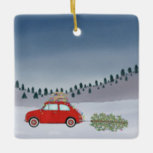 Fiat 500 auto met kerstboom Waterverf Keramisch Ornament