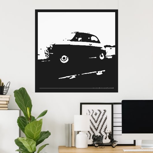 Fiat 500 klassiek - Wit op houtskoolachtergrond Poster (Thuiskantoor)