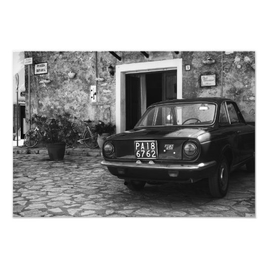  FIAT-auto in Italië in zwart-wit Foto Afdruk (Voorkant)