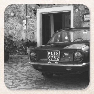  FIAT-auto in Italië in zwart-wit Vierkante Kartonnen Onderzetter