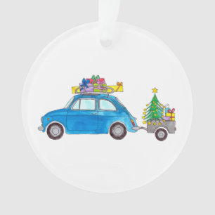 Fiat bleu 500 avec Cadeaux de Noël Aquarelle