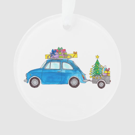 Fiat bleu 500 avec Cadeaux de Noël Aquarelle (devant)