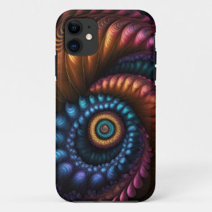 Fibronacci Fractal in goud, blauw en fuchsia iPhone 11 Hoesje