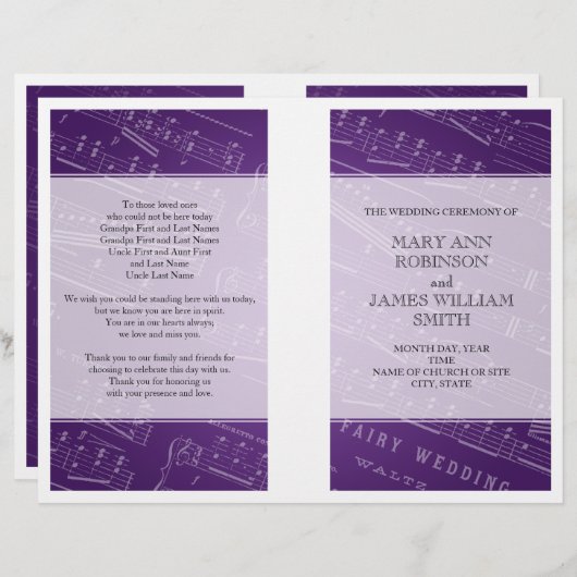 Fiche du programme de mariage Musique violet (Devant / Derrière)