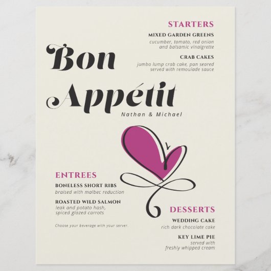 Fiche papier pour le dîner Mariage Bon Appetit (Devant)