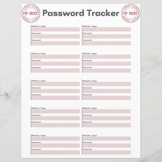 Fiche papier Top Secret Password Tracker (Devant)