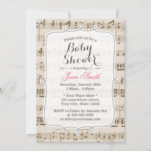 Fiche vintage Musique Baby Shower Invitations (Devant)